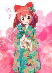  aqua_kimono blush bow brown_eyes chinese_zodiac commentary_request dragon female floral_print flower furisode hagoita hair_ornament hairbow heart highres japanese_clothes kimono massala new_year obi open_mouth original paddle pink_flower pink_rose red_hair rose sash short_hair smile solo year_of_the_dragon 