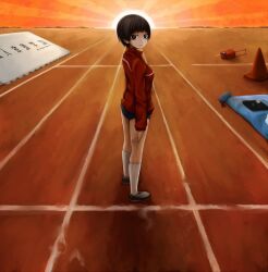  brown_eyes brown_hair buruma female gym_uniform original relay_race short_hair solo sunset track traffic_cone yajirushi_(chanoma) 