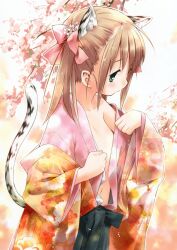  absurdres animal_ears brown_hair cat_ears copyright_request eretto female flower green_eyes hair_flower hair_ornament hair_ribbon hakama hakama_skirt highres japanese_clothes kimono navel open_clothes open_kimono ribbon skirt solo tail twintails undressing 