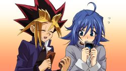  2boys blue_eyes blue_hair card cardfight!!_vanguard commentary_request crossover domino_high_school_uniform dyed_bangs male_focus multiple_boys muto_yugi otoko_no_ko school_uniform sendou_aichi tom_(leciel2010) yu-gi-oh! 