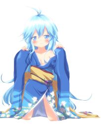  ahoge ayakashi_(monkeypanch) bad_id bad_pixiv_id blue_eyes blue_hair blue_kimono blush copyright_request female highres japanese_clothes kimono long_hair off_shoulder smile solo very_long_hair 