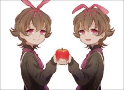  2boys :&gt; apple ascot black_hair border brooch brothers commentary_request food fruit hair_ribbon holding holding_food holding_fruit jewelry looking_at_viewer male_focus mamefuku mawaru_penguindrum multiple_boys open_mouth red_eyes ribbon shirase_(mawaru_penguindrum) siblings simple_background souya_(mawaru_penguindrum) suspenders twins 