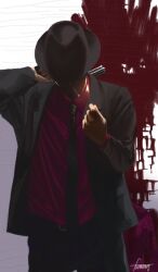  1boy blood blood_stain cigarette commentary_request dan_smith fedora formal fummy_(alphazagat) gun handgun hat killer7 male_focus matches necktie revolver solo suit weapon 