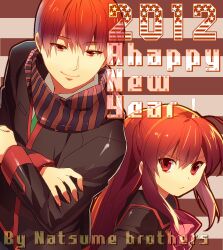  1boy 2012 bad_id bad_pixiv_id brother_and_sister brown_hair female little_busters! little_busters!_school_uniform long_hair natsume_kyousuke natsume_rin new_year ponytail red_eyes scarf school_uniform sennen_suisei short_hair siblings 