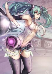  aqua_eyes aqua_hair armpits center_opening evan_yang hatsune_miku hatsune_miku_(append) long_hair microphone navel necktie solo thighhighs twintails vocaloid vocaloid_append 