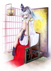  andon_(lighting) bare_legs blue_eyes blue_socks blush breasts commentary_request detached_sleeves female grey_hair hand_on_own_chest hat highres japanese_clothes lamp long_hair medium_breasts mononobe_no_futo ponytail ribbon sakimori_dan sitting smile socks solo tabi tate_eboshi touhou 