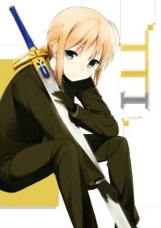  artoria_pendragon_(fate) black_gloves blonde_hair commentary_request excalibur_(fate/stay_night) fate/zero fate_(series) female gloves green_eyes long_hair necktie photoshop_(medium) ponytail saber_(fate) sasamori_tomoe sitting solo sword weapon 