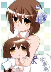  2girls blush brown_eyes brown_hair chibi commentary_request dress dual_persona gloves hagiwara_yukiho hair_ornament highres idolmaster idolmaster_(classic) isa_(ni-iro) multiple_girls puchimasu! short_hair white_gloves yukipo 