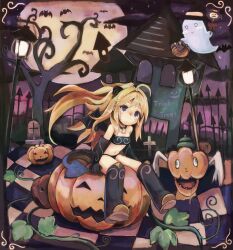  bare_shoulders bat_(animal) blonde_hair commentary_request demon_tail demon_wings female full_moon ghost halloween hat highres jack-o&#039;-lantern lamppost long_hair moon navel okaasan_to_issho original paprika_shikiso purple_eyes sitting sitting_on_object solo spoo tail tombstone wings witch_hat 