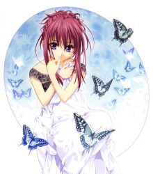  bad_link blue_butterfly bug butterfly chikage_(sister_princess) dress female highres purple_eyes purple_hair sister_princess smile solo tenhiro_naoto 