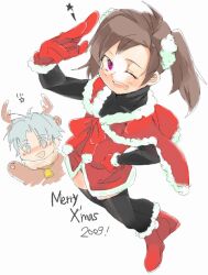  1boy animal_costume antlers black_legwear boots brown_hair chibi chibi_inset christmas commentary_request eko_(xeko) female gloves horns lee_chaolan ling_xiaoyu merry_christmas one_eye_closed partial_commentary purple_eyes reindeer_antlers reindeer_costume santa_costume short_twintails tekken thighhighs twintails zettai_ryouiki 