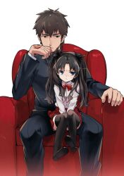  1boy :&lt; aged_down bad_id bad_pixiv_id black_thighhighs blue_eyes brown_eyes brown_hair chair command_spell easy_chair fate/zero fate_(series) female hair_ribbon kotomine_kirei lolicon long_hair ocha_(oteaaa) ribbon short_hair sitting thighhighs tohsaka_rin twintails 