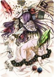  adapted_costume bad_id bad_pixiv_id barefoot bed_sheet book bookmark capelet coin crescent dress feathers female hair_ribbon hat long_hair lying mura_(sensuido) on_side patchouli_knowledge photo_(object) purple_eyes purple_hair ribbon sheet_grab solo stone touhou yarn yarn_ball 