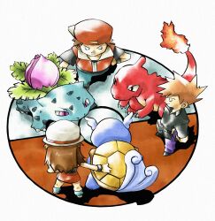  2boys blue_oak bream-tan brown_hair charmeleon commentary_request female fire flame-tipped_tail hand_on_own_hip hat ivysaur leaf_(pokemon) long_hair multiple_boys pokemon pokemon_(creature) pokemon_frlg red_(pokemon) starter_pokemon_trio sugimori_ken_(style) wartortle 