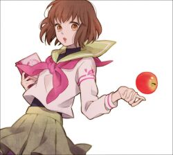  :o apple bob_cut book border brown_eyes brown_hair commentary_request diary female food fruit holding holding_book looking_at_viewer mamefuku mawaru_penguindrum name_connection object_namesake oginome_ringo open_mouth school_uniform serafuku short_hair simple_background skirt solo turtleneck 