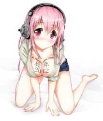  2012 all_fours bad_id bad_pixiv_id barefoot breasts cleavage denim denim_shorts dress_shirt female headphones highres large_breasts long_hair masamuuu new_year nitroplus photoshop_(medium) pink_eyes pink_hair shirt shorts solo super_sonico 