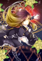  blonde_hair blurry brown_eyes brown_hair commentary_request dress energy female flower glowing glowing_hand gradient_hair hijiri_byakuren jurakin kneehighs long_hair motion_blur multicolored_hair outline purple_hair socks solo spell_card touhou two-tone_hair 