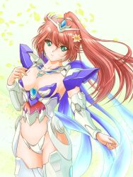  00_qan[t] brown_hair commentary_request earrings els female flower green_eyes gundam gundam_00_a_wakening_of_the_trailblazer hair_flower hair_ornament jewelry mecha_musume mori_chu necklace petals ponytail revealing_clothes solo thighhighs 