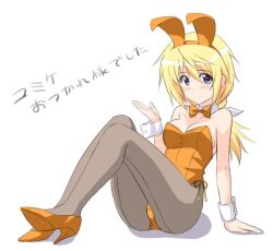  animal_ears blonde_hair bow bowtie charlotte_dunois commentary_request detached_collar female grey_eyes infinite_stratos leotard long_hair masakichi_(crossroad) orange_leotard pantyhose playboy_bunny ponytail rabbit_ears solo translated wrist_cuffs 