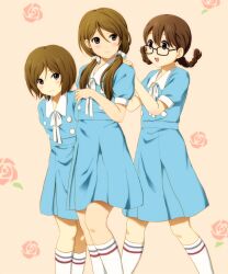  3girls alternate_hairstyle bad_id bad_pixiv_id braid dress extra glasses hirasawa_yui k-on! k-on!_movie kinoshita_shizuka kneehighs multiple_girls shian_(my_lonly_life.) singing!_(k-on!) socks tachibana_himeko twin_braids 