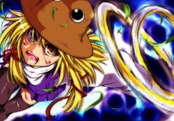  bad_id bad_pixiv_id blonde_hair blood colorized female hat highres moriya&#039;s_iron_rings moriya_suwako musupon214 open_mouth photoshop_(medium) solo thighhighs torn_clothes torn_thighhighs touhou yellow_eyes 