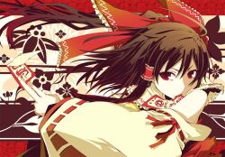  bow brown_hair commentary_request detached_sleeves female hair_tubes hairbow hakurei_reimu koumei_(harmonizer) mouth_hold photoshop_(medium) red_bow red_eyes solo talisman touhou 