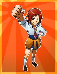  arm_up brown_eyes clothes_around_waist commentary_request female hair_ornament hairclip hand_on_own_hip hino_akane_(smile_precure!) kneehighs loafers necktie one_eye_closed orange_background photoshop_(medium) precure red_hair reiin school_uniform shoes short_hair sleeves_rolled_up smile smile_precure socks solo sweater sweater_around_waist tomboy white_socks 