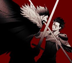  2boys ahoge armor bad_id bad_pixiv_id battle beard cape clash diarmuid_ua_duibhne_(lancer)_(fate) duel facial_hair fate/zero fate_(series) fionn_mac_cumhaill_(fate/zero) gaon_(hisuikairou) male_focus mole mole_under_eye multiple_boys pauldrons photoshop_(medium) polearm red_background shoulder_armor simple_background spear spot_color sword weapon yellow_eyes 