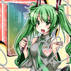  aqua_eyes aqua_hair bad_id bad_pixiv_id drawing_tablet female green_eyes green_hair hair_ribbon hatsune_miku heart heart_of_string heart_on_chest highres holding holding_stylus long_hair necktie open_mouth pako_(moto_paco) ribbon solo star_(symbol) stylus twintails vocaloid 