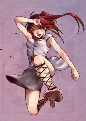  angry ankle_lace-up bad_feet bad_id bad_pixiv_id barefoot cross-laced_footwear dirty dirty_feet feet female fighting_stance full_body jumping magi_the_labyrinth_of_magic morgiana one_side_up red_eyes red_hair simple_background skirt soles solo toes tsanyu07 white_skirt 