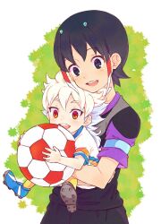  2boys age_regression aged_down ancient_dark ball black_hair commentary_request hair_ornament hakuryuu_(inazuma_eleven) holding inazuma_eleven_(series) inazuma_eleven_go lolicon long_hair male_focus multicolored_hair multiple_boys open_mouth shiho_(pixiv) shuu_(inazuma_eleven) smile soccer_ball soccer_uniform sportswear telstar unlimited_shining white_hair 