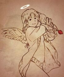  aaru_sentou_shuudan angel bad_link brown_theme female haibane_renmei halo monochrome nemu_(haibane) photoshop_(medium) solo sweater wings 