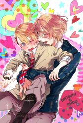  2boys bad_id bad_pixiv_id blonde_hair blue_eyes blush closed_eyes glasses heart highres kazari_tayu kurusu_shou male_focus multiple_boys necktie open_mouth school_uniform shinomiya_natsuki_(uta_no_prince-sama) smile sparkle uta_no_prince-sama 