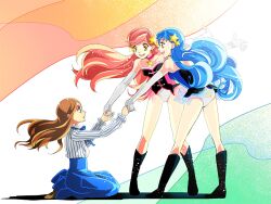  3girls blue_hair boots brown_hair commentary_request double-h_(mawaru_penguindrum) dress hair_ornament holding_hands isora_hibari kneeling leotard long_hair long_legs mawaru_penguindrum multiple_girls red_hair takakura_himari utada_hikari yellow_eyes yuzuru86 