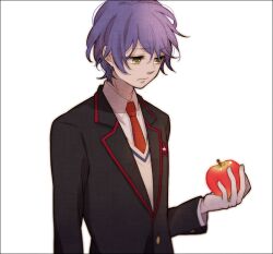  1boy apple blazer blue_hair border commentary_request food fruit green_eyes holding holding_food holding_fruit jacket male_focus mamefuku mawaru_penguindrum necktie school_uniform simple_background solo takakura_shouma vest 