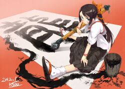  2012 black_hair blue_eyes calligraphy_brush commentary_request facepaint female ink kakizome maeda_risou new_year original paintbrush ponytail sandals sitting solo writing 