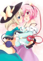  2girls bare_shoulders blonde_hair blue_eyes blush bra commentary_request couple eyeball green_hair hairband hat hat_ribbon heart heart-shaped_pupils highres incest komeiji_koishi komeiji_satori lingerie massala multiple_girls no_bra off_shoulder open_clothes open_mouth open_shirt pink_eyes pink_hair purple_eyes ribbon saliva saliva_trail shirt siblings sisters skirt strap_slip symbol-shaped_pupils third_eye tongue tongue_out touhou underwear white_bra yuri 