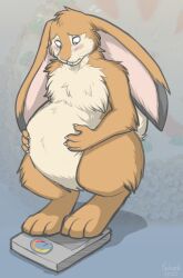  alternative_fashion anthro avoid_posting belly blush embarrassed flapper keihound lagomorph leporid long_ears male mammal nude rabbit solo weighing_scale 