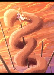  ayakashi_(monkeypanch) blonde_hair commentary_request female hat highres letterboxed mishaguji moriya_suwako photoshop_(medium) pyonta snake solo sunset touhou 