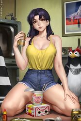  alcohol artist_name bare_legs bare_shoulders barefoot beer bird brand_name_imitation breasts camisole cleavage commentary cutoffs denim denim_shorts english_commentary female full_body high-waist_shorts highres indoors katsuragi_misato large_breasts legs looking_at_viewer neon_genesis_evangelion nissin_cup_noodle official_alternate_costume penguin penpen product_placement purple_hair red_eyes sciamano240 seiza shirt shirt_tucked_in shorts sitting smile spread_legs tank_top thighs yebisu yellow_tank_top 