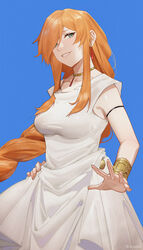  armband bare_shoulders bracer breasts chilakkk collarbone cowboy_shot dress earrings female flamme_(sousou_no_frieren) green_eyes hand_on_own_hip highres jewelry long_hair looking_at_viewer orange_hair parted_lips simple_background sleeveless sleeveless_dress smile solo sousou_no_frieren standing very_long_hair white_dress 