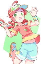  ahoge andou_ringo blue_shorts blue_wristband blush collarbone drill_hair eyelashes female green_eyes green_hat hat highres holding holding_water_gun jazz_grace jewelry legs midriff_peek necklace official_alternate_costume open_mouth puyopuyo puyopuyo_7 puyopuyo_quest red_hat red_shirt sandals shirt shorts solo t-shirt thighs twin_drills visor_cap water_gun waving 