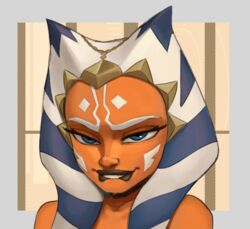  ahsoka_tano bare_shoulders biting_own_lip blue_eyes border brown_lips colored_skin commentary english_commentary facial_mark female grey_border implied_nudity lekku_(anatomy) looking_at_viewer naughty_face orange_skin portrait solo star_wars star_wars:_the_clone_wars teeth thehumancopier togruta 