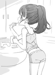  ass bathroom blush brushing_teeth camisole commentary cup female from_behind fukuyama_mai greyscale holding holding_cup idolmaster idolmaster_cinderella_girls indoors long_hair looking_ahead medicine_cabinet monochrome nishino_hikoji open_mouth ponytail profile short_shorts shorts sidelocks simple_background sink solo 