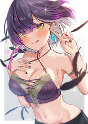  :q armlet bare_shoulders black_feathers black_nails black_shorts blush braid breasts bustier colored_inner_hair commentary_request criss-cross_halter crop_top earrings feathers female front-tie_top grey_hair hair_over_one_eye halterneck hand_on_own_chest highres jewelry large_breasts looking_at_viewer magatama magatama_earrings midriff multicolored_hair navel okutomi_fumi pink_hair pink_nails purple_hair purple_shirt shirt shorts simple_background solo stomach streaked_hair sweat tongue tongue_out tsukiyoi_avi v varium virtual_youtuber white_background white_hair yellow_eyes 