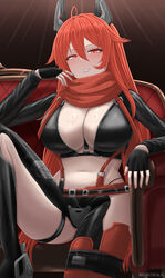  archstreal black_gloves blush breasts chair cleavage commentary english_commentary female fingerless_gloves gloves goddess_of_victory:_nikke hair_between_eyes highres large_breasts long_hair long_sleeves looking_at_viewer navel parted_lips red_eyes red_hair red_hood_(nikke) sitting smile stomach teeth thighs 