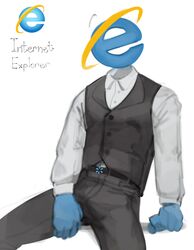  absurd_res belt blue_body blue_skin bottomwear clothed clothing for_a_head fully_clothed hi_res humanoid internet_explorer internet_explorer_(character) kogito living_logo male microsoft not_furry object_head pants shirt sitting solo text topwear vest 