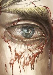  1boy absurdres blonde_hair blood blood_on_face chiruchiru erwin_smith eye_focus eye_reflection eyelashes green_eyes highres levi_(shingeki_no_kyojin) looking_at_another male_focus reflection shingeki_no_kyojin solo thick_eyebrows translation_request 