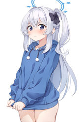  ass black_bow blue_archive blue_halo blue_hoodie blush bow braid casual closed_mouth collarbone cowboy_shot female grey_hair hair_between_eyes halo highres hood hood_down hoodie long_hair long_sleeves looking_at_viewer matsu520 md5_mismatch miyako_(blue_archive) miyako_(young)_(blue_archive) official_alternate_costume one_side_up purple_eyes simple_background solo white_background 