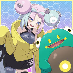  :d absurdres bellibolt bike_shorts blush bow-shaped_hair breasts character_hair_ornament commentary_request female green_hair grey_shirt hair_ornament highres iono_(pokemon) jacket multicolored_hair open_mouth outline pink_hair pokemon pokemon_(creature) pokemon_sv purple_eyes shirt sleeveless sleeveless_shirt smile teeth tongue two-tone_hair yellow_jacket yuu_(jgvj7873) 